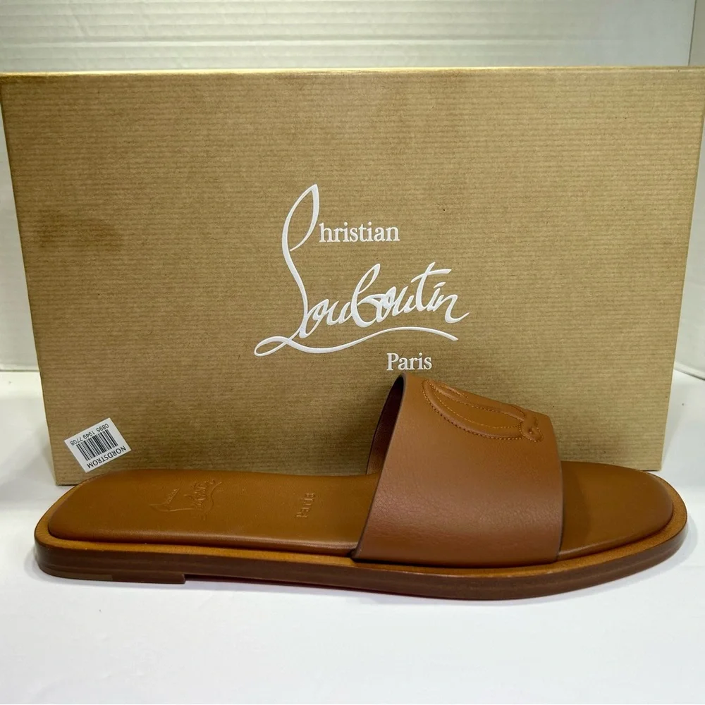 CHRISTIAN LOUBOUTIN CL MULE FLAT SANDAL EMBROIDERED LOGO BROWN LEATHER SZ 39 NEW - Picture 4 of 15